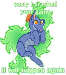 Size: 640x724 | Tagged: safe, artist:ombekende, derpibooru import, dragon, hybrid, longma, them's fightin' herds, baihbetes, baihe (tfh), bronybait, community related, fiery wings, fire, green fire, mane of fire, puppy dog eyes, scar, simple background, solo, tail, tail of fire, text, this will end in tears, transparent background, what could possibly go wrong, wings