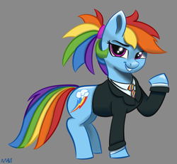 Size: 1301x1200 | Tagged: safe, artist:maonyman, derpibooru import, rainbow dash, pegasus, pony, business suit, clothes, drawthread, female, gray background, looking at you, mare, necktie, ponytail, raised hoof, raised leg, shading, simple background, smiling, smirk, smug, solo, suit