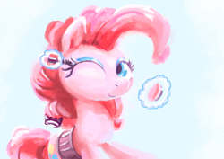 Size: 4093x2894 | Tagged: safe, artist:xallaanacyoxcyor, derpibooru import, pinkie pie, earth pony, pony, applying makeup, eyeshadow, female, gradient background, makeup, one eye closed, solo, wink