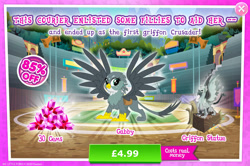 Size: 1958x1298 | Tagged: safe, derpibooru import, gabby, griffon, g4, advertisement, claws, costs real money, english, female, gameloft, gem, introduction card, mobile game, my little pony: magic princess, numbers, official, sale, solo, solo focus, spread wings, statue, text, wings