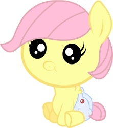 Size: 531x600 | Tagged: safe, artist:twitchy tremor, derpibooru import, fluttershy, pony, g4, baby, baby pony, babyshy, diaper, female, filly, foal, simple background, solo, younger