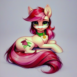Size: 1024x1024 | Tagged: safe, ai content, derpibooru import, generator:pony diffusion v6 xl, generator:stable diffusion, machine learning generated, roseluck, pony, butt, collar, cute, female, fluffy, long tail, looking at you, lying down, mare, pet tag, plot, pony pet, prompter:doom9454, rosepet, tail