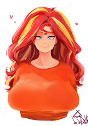 Size: 1400x2000 | Tagged: safe, artist:sozglitch, derpibooru import, sunset shimmer, human, big breasts, blush lines, blushing, breasts, bust, eye clipping through hair, female, floating heart, heart, huge breasts, humanized, looking at you, simple background, smiling, smiling at you, solo, sunset jiggler, white background