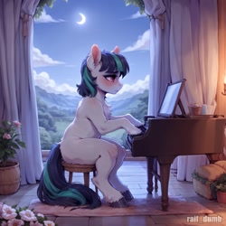 Size: 1024x1024 | Tagged: safe, ai content, derpibooru import, generator:easyfluff v11.2, generator:stable diffusion, machine learning generated, oc, oc only, earth pony, pony, semi-anthro, chair, chest fluff, cloud, curtains, ear fluff, ears, eyelashes, eyeliner, female, flower, fluffy, hooves, indoors, makeup, mare, missing cutie mark, moon, musical instrument, nature, night, not shining armor, piano, profile, prompter:raif, red eyes, sad, shoulder fluff, side view, sitting, sky, solo, tail, two toned hair, two toned tail, unshorn fetlocks, watermark