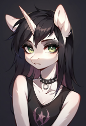 Size: 832x1216 | Tagged: safe, ai content, derpibooru import, generator:pony diffusion v6 xl, generator:stable diffusion, machine learning generated, sweetie belle, anthro, unicorn, g4, alternate hairstyle, black hair, choker, clothes, emo, female, filly, foal, looking at you, older, older sweetie belle, prompter:gullveigai, solo, spiked choker, tanktop, teenager