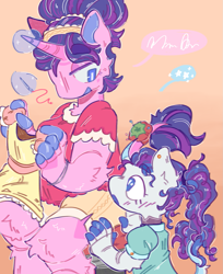 Size: 1289x1577 | Tagged: safe, artist:tottallytoby, derpibooru import, cookie crumbles, rarity, anthro, pony, unicorn, g4, alternate hairstyle, arm fluff, blue eyes, blue hair, blushing, cheek fluff, clothes, colored eyebrows, colored horn, colored pinnae, curly hair, dress, duo, duo female, ear fluff, ear piercing, earring, ears, eye clipping through hair, eyebrows, eyebrows visible through hair, female, filly, filly rarity, foal, glowing, glowing horn, gradient background, hair bun, headband, holding, hoof hands, horn, jewelry, leg fluff, leonine tail, lidded eyes, looking at each other, looking at someone, looking down, magic, mare, mother and child, mother and daughter, multicolored hair, multicolored tail, neck fluff, open mouth, open smile, parent and child, piercing, ponytail, purple blush, purple mane, purple tail, sewing, shirt, shorts, sitting, smiling, speech bubble, starry eyes, stars, tail, talking, telekinesis, wingding eyes, younger