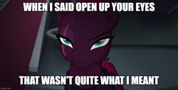 Size: 983x500 | Tagged: safe, derpibooru import, edit, edited screencap, screencap, tempest shadow, my little pony: the movie, caption, image macro, imgflip, open up your *very* eyes, tempest shadow is not amused, text, unamused