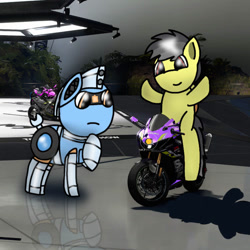 Size: 750x750 | Tagged: safe, artist:foxfer64_yt, derpibooru import, oc, oc only, oc:silverstream (robot pony), original species, pegasus, pony, robot, robot pony, curious, looking at something, motorcycle, riding