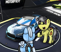 Size: 749x648 | Tagged: safe, artist:foxfer64_yt, derpibooru import, oc, oc only, oc:silverstream (robot pony), oc:thunder (fl), original species, pegasus, pony, robot, robot pony, car, festival, showcase