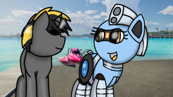 Size: 750x421 | Tagged: safe, artist:foxfer64_yt, derpibooru import, oc, oc only, oc:kaia mahoe, oc:silverstream (robot pony), original species, pony, robot, robot pony, unicorn, boat, docks, looking at each other, looking at someone, ocean, smiling, water