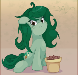 Size: 1250x1200 | Tagged: safe, artist:swasfews, derpibooru import, wallflower blush, earth pony, pony, :c, equestria girls ponified, eyebrows, eyebrows visible through hair, flower pot, frown, ponified, simple background, solo, species swap