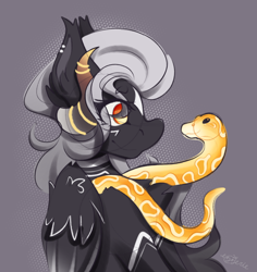 Size: 1294x1368 | Tagged: safe, artist:ezzerie, derpibooru import, oc, oc:smolder, pegasus, pony, snake, halfbody, horns, jewelry, pet, ring, simple background, solo