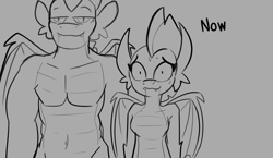 Size: 3777x2184 | Tagged: safe, artist:tjpones, derpibooru import, smolder, spike, dragon, adult, adult spike, belly button, breasts, dragoness, featureless breasts, female, gray background, grayscale, growth, height difference, high res, lidded eyes, lizard breasts, looking at you, male, monochrome, nervous, nervous smile, nervous sweat, older, older spike, pecs, ship:spolder, shipping, simple background, sketch, smiling, straight, sweat, sweatdrops, text, winged spike, wings
