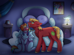 Size: 3252x2421 | Tagged: safe, artist:artistcoolpony, derpibooru import, big macintosh, rainbow dash, scootaloo, earth pony, pegasus, pony, bed, bedroom eyes, blanket, blushing, chest fluff, commission, duo, duo male and female, female, filly, flustered, foal, freckles, grin, heart, heart eyes, lamp, male, mare, open mouth, picture, picture frame, pillow, seductive, ship:rainbowmac, shipping, sitting, smiling, spread wings, stallion, straight, unshorn fetlocks, whispering, wingboner, wingding eyes, wings