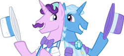 Size: 15390x7000 | Tagged: safe, artist:dxthegod, derpibooru import, flam, flim, starlight glimmer, stellar gleam, tristan, trixie, unicorn, g4, brothers, clothes, facial hair, flim flam brothers, hat, identical twins, male, moustache, palette swap, recolor, rule 63, siblings, simple background, transparent background, twin brothers, twins