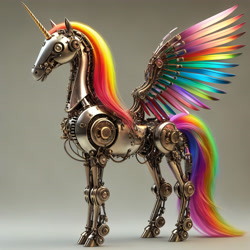 Size: 6144x6144 | Tagged: safe, ai content, derpibooru import, editor:felisamafeles, machine learning generated, alicorn, pony, robot, robot pony, cg, colored wings, generator:stable cascade, multicolored wings, not rainbow dash, rainbow wings, realistic, realistic horse legs, simple background, steampunk, steel, wings