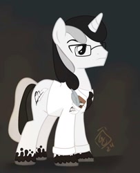 Size: 1361x1673 | Tagged: safe, artist:peech, derpibooru import, oc, oc only, oc:quillian inkheart, pony, unicorn, cyberpunk, glasses, male, notepad, quill, science fiction, setting: neo somnambula, simple background, solo, stallion, tail, two toned coat, two toned mane, two toned tail, variant, white suit