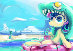 Size: 4093x2894 | Tagged: safe, artist:xallaanacyoxcyor, derpibooru import, bon bon, lyra heartstrings, sweetie drops, earth pony, pony, shark, g4, animal costume, beach, clothes, cloud, costume, drink, drinking, drinking straw, female, inflatable toy, mare, ocean, shark costume, water