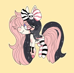 Size: 1024x1019 | Tagged: safe, artist:lovettebunny, derpibooru import, earth pony, pony, chibi, clothes, deviantart watermark, female, mare, obtrusive watermark, simple background, socks, solo, striped socks, watermark, yellow background