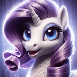 Size: 1024x1024 | Tagged: safe, ai content, machine learning generated, rarity, pony, unicorn, bing, bust, eyeshadow, female, fluffy, looking at you, mare, neck fluff, open mouth, portrait, semi-realistic, solo, uncanny valley