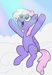 Size: 1910x2765 | Tagged: safe, alternate version, artist:t72b, edit, editor:hotkinkajou, ponerpics import, rainbowshine, pegasus, pony, armpits, belly button, cloud, crepuscular rays, depornified, hooves in air, looking up, open mouth, open smile, rainbowshining, raised hoof, raised leg, sitting, sky, smiling, solo