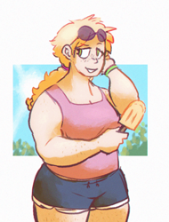 Size: 624x819 | Tagged: safe, artist:punkittdev, derpibooru import, applejack, human, g4, applejacked, body freckles, buff, clothes, eyebrows, eyebrows visible through hair, eyelashes, female, food, freckles, holding, holding head, humanized, light skin, looking back, muscles, muscular female, passepartout, ponytail, popsicle, shorts, sports shorts, sunglasses, tanktop, tied hair