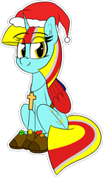 Size: 1519x2599 | Tagged: safe, artist:seafooddinner, derpibooru import, oc, oc only, oc:terri softmare, pony, unicorn, belt, boots, christmas, cross, female, hat, hearth's warming, holiday, jewelry, looking at you, mare, necklace, santa hat, shoes, simple background, sitting, smiling, solo, transparent background, wings