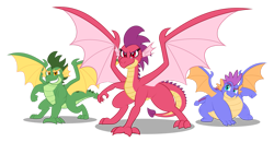 Size: 1239x645 | Tagged: safe, artist:aleximusprime, derpibooru import, oc, oc:barb the dragon, oc:princess barb, oc:scorch the dragon, oc:singe the dragon, dragon, flurry heart's story, brother and sister, brothers, dragoness, female, male, northern drake, siblings, simple background, sister, super hero landing pose, super hero pose, transparent background