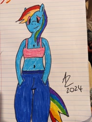 Size: 3072x4080 | Tagged: safe, artist:a2rhombus, derpibooru import, rainbow dash, anthro, breasts, cleavage, clothes, hand in pocket, lined paper, looking at you, short shirt, tanktop, traditional art