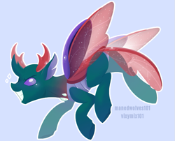 Size: 663x536 | Tagged: safe, artist:vixymix101, derpibooru import, pharynx, changedling, changeling, g4, antlers, blue background, blushing, carapace, colored pinnae, hooves in air, horn, insect wings, male, outline, prince pharynx, purple eyes, signature, simple background, smiling, sparkles, spread wings, stallion, starry wings, wings