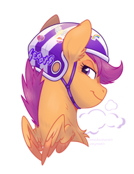 Size: 1056x1377 | Tagged: safe, artist:vixymix101, derpibooru import, scootaloo, pegasus, pony, g4, bike helmet, chest fluff, colored wings, colored wingtips, ear fluff, ears, female, filly, foal, helmet, lesbian pride flag, lidded eyes, looking back, mare, pride, pride flag, purple eyes, purple mane, short mane, signature, simple background, small wings, smiling, two toned wings, white background, wingding eyes, wings