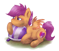 Size: 2048x1759 | Tagged: safe, artist:vixymix101, derpibooru import, scootaloo, pony, g4, bike helmet, colored wings, colored wingtips, crying, dirty, dirty hooves, ear fluff, ears, female, filly, foal, frown, grass, helmet, injured, looking away, lying down, mare, messy, messy mane, messy tail, prone, purple eyes, purple mane, purple tail, signature, simple background, sitting, small wings, spread wings, tail, two toned wings, white background, wingding eyes, wings