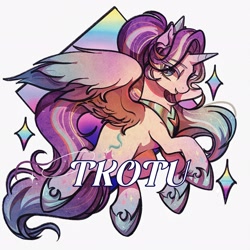 Size: 2048x2048 | Tagged: safe, artist:tkotu1, derpibooru import, starlight glimmer, alicorn, pony, alicornified, crown, eye clipping through hair, jewelry, lidded eyes, peytral, race swap, regalia, signature, simple background, smiling, solo, starlicorn, white background, xk-class end-of-the-world scenario
