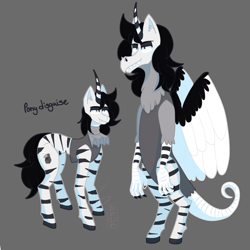 Size: 3000x3000 | Tagged: safe, derpibooru import, draconequus, unicorn, zebra, art, clown, creepscomic, creepypasta, crossover, digital art, fanart, gray background, laughing jack, simple background