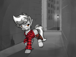 Size: 2032x1523 | Tagged: safe, artist:aanotherpony, derpibooru import, oc, oc only, oc:azerda zamarata, zebra, alley, black and white, clothes, female, grayscale, looking back, monochrome, raised hoof, raised leg, shirt, solo, trotting, weapon, zebra oc