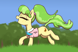 Size: 3000x2000 | Tagged: safe, artist:t72b, derpibooru import, chickadee, ms. peachbottom, earth pony, pony, clothes, eyes closed, female, freckles, galloping, grass, high res, mare, neckerchief, open mouth, open smile, outdoors, profile, raised hoof, raised leg, running, shirt, side view, smiling, tree, windswept mane