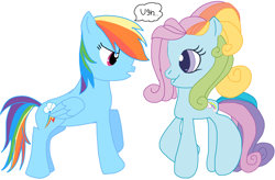 Size: 2340x1538 | Tagged: safe, derpibooru import, rainbow dash, rainbow dash (g3), pony, g3, g3.5, g4, angry, crossover, faic, female, generational ponidox, mare, simple background, smiling, solo, speech bubble, ugh, white background