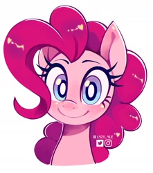 Size: 1352x1526 | Tagged: safe, artist:l4zy_4le, derpibooru import, pinkie pie, earth pony, pony, bust, feral, front view, looking at you, simple background, smiling, solo, text, white background