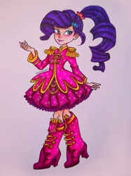 Size: 1197x1600 | Tagged: safe, artist:dariarchangel, derpibooru import, rarity, human, equestria girls, equestria girls series, g4, ancient wonderbolts uniform, boots, clothes, dress, female, outfit, pink dress, sgt. rarity, shoes, smiling, solo, uniform