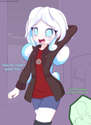 Size: 1600x2200 | Tagged: safe, alternate version, artist:an-m, derpibooru import, oc, oc only, oc:anon, oc:snowdrop, human, boots, clothes, daisy dukes, denim, denim shorts, dialogue, female, humanized, jacket, jewelry, open mouth, open smile, pendant, pentagram, shoes, shorts, smiling, smiling friends, thumbs up