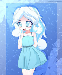 Size: 3200x3824 | Tagged: safe, artist:an-m, derpibooru import, oc, oc only, oc:snowdrop, human, blushing, clothes, cute, cute little fangs, dress, fangs, female, high res, humanized, open mouth, solo