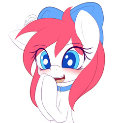 Size: 1068x1068 | Tagged: safe, artist:an-m, derpibooru import, oc, oc only, pony, 2021, blushing, bow, bust, collar, cute, gasp, hair bow, old art, one ear down, open mouth, open smile, simple background, smiling, solo, white background