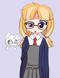 Size: 1189x1547 | Tagged: safe, artist:an-m, derpibooru import, oc, oc only, oc:butter berry, human, 2021, clothes, female, glasses, humanized, humanized oc, looking at you, old art, open mouth, school uniform, simple background, solo, young