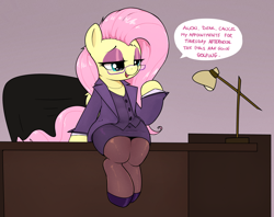 Size: 3906x3099 | Tagged: safe, artist:whiskeypanda, derpibooru import, fluttershy, pegasus, semi-anthro, g4, business suit, businessmare, clothes, desk, desk lamp, dialogue, drawthread, eyeshadow, female, hoof shoes, implied anon, makeup, mare, open mouth, open smile, pantyhose, shirt, shoes, sitting, skirt, smiling, solo, speech bubble, suit