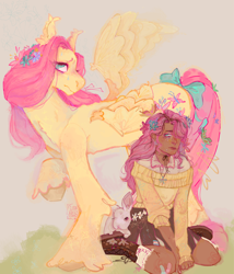 Size: 1280x1497 | Tagged: safe, artist:lukasequalszero, derpibooru import, fluttershy, human, pegasus, pony, rabbit, g4, alternate hairstyle, alternate versions at source, animal, blushing, boots, bow, chest fluff, choker, clothes, colored hooves, dyed hair, ear fluff, ear tufts, ears, exclamation point, eye clipping through hair, female, flower, flower in hair, flower in tail, frown, gender headcanon, gray background, human ponidox, humanized, jewelry, leg fluff, long tail, mare, necklace, one wing out, paradox, pink mane, pink tail, pride, pride flag, raised hoof, raised leg, ribbon, self paradox, self ponidox, shirt, shoes, signature, simple background, sitting, socks, standing, sweat, sweatdrop, sweater, sweatershy, tail, tail bow, tallershy, tan skin, transgender pride flag, unshorn fetlocks, wing fluff, wings, worried