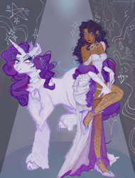 Size: 1280x1685 | Tagged: safe, artist:lukasequalszero, derpibooru import, rarity, human, pony, unicorn, g4, alternate versions at source, blushing, chest fluff, choker, clothes, curly hair, curly mane, dark skin, dress, ear fluff, ear piercing, ear tufts, earring, ears, eyeshadow, feather boa, female, fishnet clothing, formal wear, garter, gloves, gown, high heels, horn, human ponidox, humanized, jewelry, lidded eyes, long gloves, looking at you, looking back, makeup, mare, necklace, patterned background, pearl necklace, piercing, purple blush, purple mane, purple tail, raised hooves, raised leg, ribbon, ring, self paradox, self ponidox, shoes, smiling, spotlight, tail, unshorn fetlocks