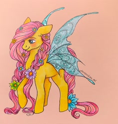 Size: 2044x2160 | Tagged: safe, artist:dariarchangel, derpibooru import, fluttershy, flutter pony, pegasus, pony, g4, braid, braided tail, butterfly wings, female, flower, flower in hair, high res, mare, redesign, shy, smiling, sparkly wings, tail, traditional art, wings