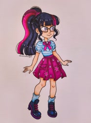 Size: 1191x1599 | Tagged: safe, artist:dariarchangel, derpibooru import, sci-twi, twilight sparkle, human, better together, equestria girls, friendship games, g4, clothes, female, glasses, ponytail, shy, skirt, smiling, solo, traditional art