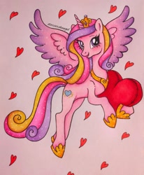 Size: 1316x1600 | Tagged: safe, artist:dariarchangel, derpibooru import, princess cadance, alicorn, pony, g4, colored wings, crown, cute, cutedance, female, flying, gradient wings, heart, hearts and hooves day, hoof shoes, jewelry, mare, multicolored hair, multicolored wings, peytral, pillow, regalia, simple background, smiling, solo, spread wings, traditional art, wings