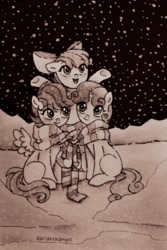 Size: 1070x1600 | Tagged: safe, artist:dariarchangel, derpibooru import, apple bloom, scootaloo, sweetie belle, earth pony, pegasus, unicorn, g4, black and white, bow, clothes, cutie mark crusaders, female, filly, foal, grayscale, hair bow, monochrome, photo, scarf, sitting, small wings, smiling, snow, snowfall, wings, winter